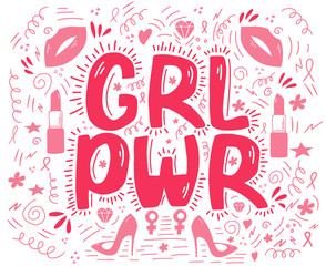 Girl power lettering with pink ribbons, lips, lipstick, stilettos, flowers, hearts, wavy lines. Symbolic poster. Isolated on white background. Vector stock illustration.