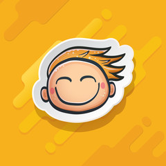 Cartoon cute hand drawn funny boy face isolated on orange background, Cartoon happy children with hair. 1 june international childrens day background with little smiling baby boy icon or label