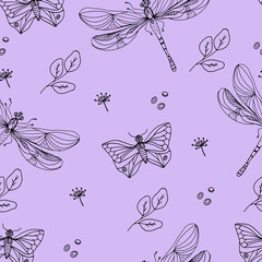 Floral pattern, seamless, chamomile field, leaves and butterflies, wildflowers. For fabric and printed products, notebook covers. Children's print, wallpaper. Vector illustration