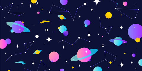 Universe, cosmos. Universe, cosmos and space background with planet, shining star. Colorful cosmos with stardust, planet, star and milky way. Magic colorful universe, starry night. Vector Illustration © foxysgraphic