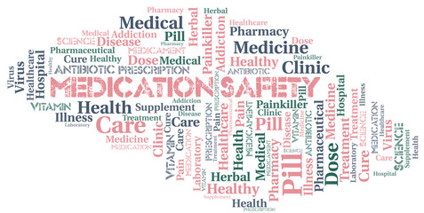 Fototapeta premium Medication Safety word cloud collage made with text only.