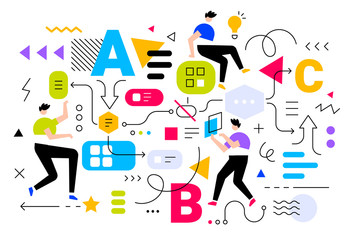 Vector creative business illustration of people with letter and abstract element on white background. Teamwork communication in business process.