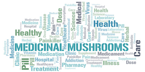 Medicinal Mushrooms word cloud collage made with text only.