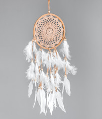 A brown Dreamcatcher with white plumage on a gray background. Interior decoration. Native American Dream Catcher