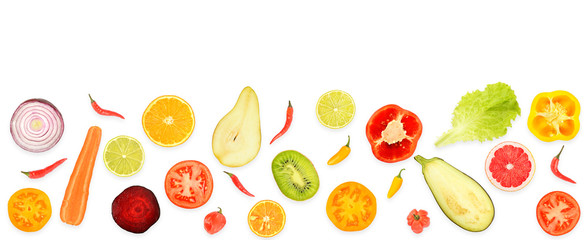 Halves of fresh vegetables and fruits isolated on white background.