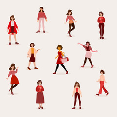 Vector creative illustration of many happy woman on color background. Communication of group of different women. Group of female cartoon character.