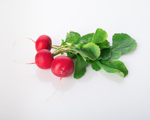fresh radish with fresh green leaves isolated on a white background