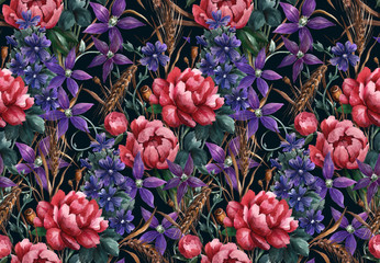 Bright watercolor fashionable pattern depicting  of peonies, spikelets, beautiful multi-colored flowers  on a dark blue background.