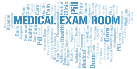 Fototapeta na wymiar Medical Exam Room word cloud collage made with text only.