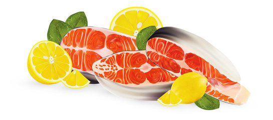 Fillet salmon with lemon and green leaf. Fresh seafood, steak salmon on white background. Slice red fish close up. Beautiful illustration