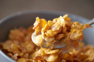 Corn flake and milk eating with spoon