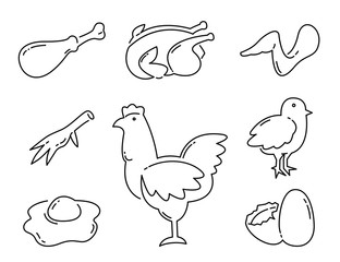 Chicken product food Line Icons set