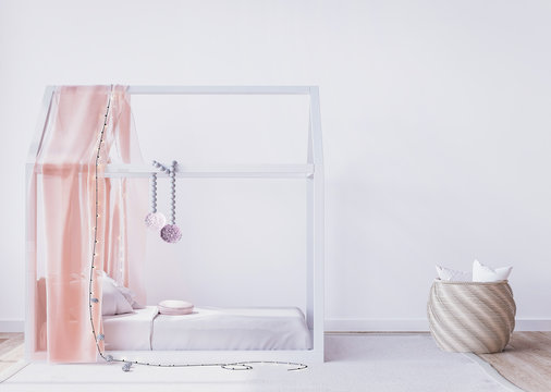 Kids bedroom mock up interior, Scandinavian style, wooden bed and pastel colors