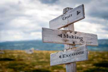 quit making excuses text engraved on old wooden signpost outdoors in nature. Quotes, words and...