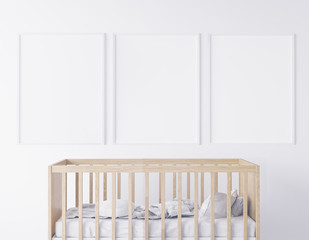 Fototapeta na wymiar mock up poster frame in children bedroom, Modern style interior background, 3D render, 3D illustration
