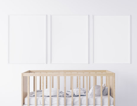 mock up poster frame in children bedroom, Modern style interior background, 3D render, 3D illustration