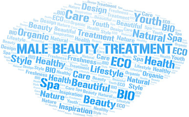 Male Beauty Treatment word cloud collage made with text only.