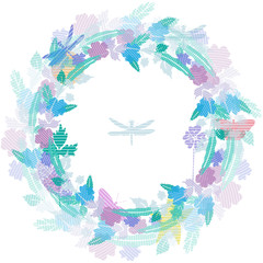 Fototapeta na wymiar Isolated on white vector abstract modern bright floral circle wreath with butterflies and dragonflies