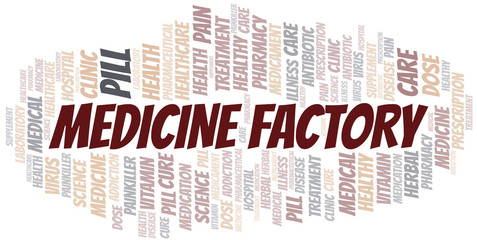 Medicine Factory word cloud collage made with text only.
