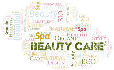 Beauty Care word cloud collage made with text only.