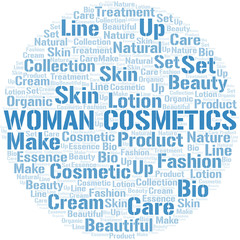Woman Cosmetics word cloud collage made with text only.