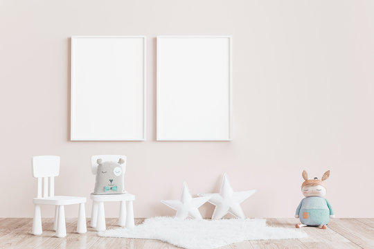 Modern minimalist, kid's room, Empty frame mock up interior in pastel colors, 3D render, 3D illustration