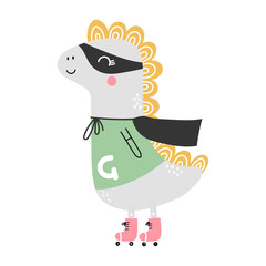 Cute cartoon dinosaur animal. Superhero character, vector illustration.