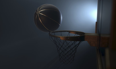 Naklejka premium An action shot of a black and gold basketball teetering on the rim of a regular basketball hoop dramatically spotlit from behind on an isolated dark background - 3D render