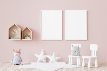 Fototapeta na wymiar Modern minimalist, kid's room, Empty frame mock up interior in pastel colors, 3D render, 3D illustration