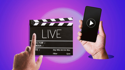 Live streaming concept.Left-hand side touching movie clapperboard and right-hand side holding mobile phone for playing media.