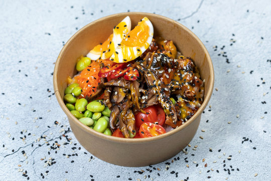 Poke bowl with moshroom, rice, agg and vegetables