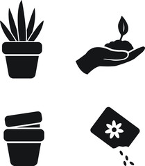 Gardening vector icon set, houseplant, sprout in hand, plant pots and seed bag icons