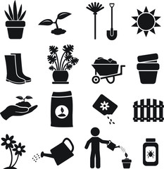 Gardening, plants and flowers vector icon set black, icons such as seeds, flowers, pots and others