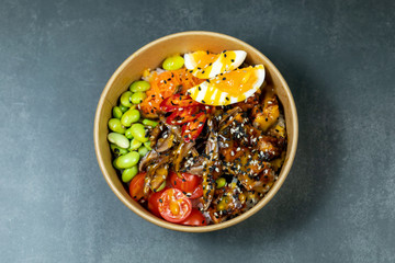 Poke bowl with moshroom, rice, agg and vegetables