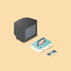 video games. isometric classic gamepad, console and TV. colorful illustration. vintage gaming