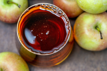 glass of Apple juice close up selective focus