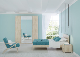 Modern bedroom interior with blue walls. 3D rendering.