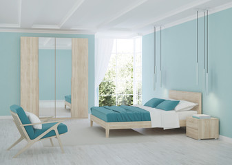 Modern bedroom interior with blue walls. 3D rendering.