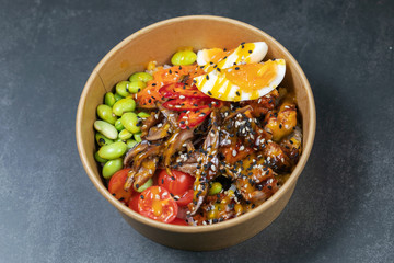 Poke bowl with moshroom, rice, agg and vegetables