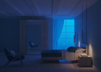 Modern bedroom interior with blue walls. Night. Evening lighting. 3D rendering.
