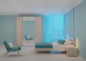 Modern bedroom interior with blue walls. Night. Evening lighting. 3D rendering.