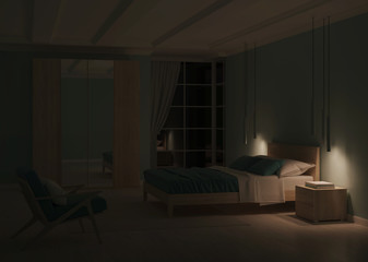 Fototapeta premium Modern bedroom interior with blue walls. Night. Evening lighting. 3D rendering.