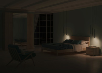 Modern bedroom interior with blue walls. Night. Evening lighting. 3D rendering.