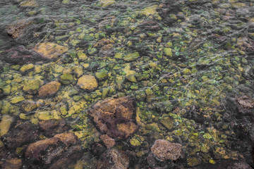 Clear sea water. Blue flag of the beaches of Europe. Rocky bottom. The texture of multi-colored pitfalls. Improving nature. Improving the environment. Transparent sea. Moss on the stones.