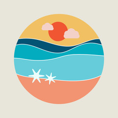 Sea wave in blue color with starfish, sun and beach, circular symbol