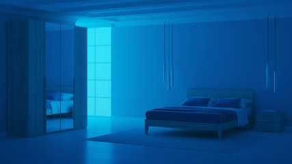 Modern bedroom interior with blue walls. Night. Evening lighting. 3D rendering.