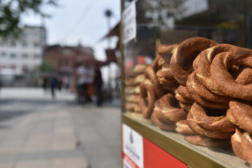 Vending cart with bakery products - Turkish bagels with sesame (Simit)
