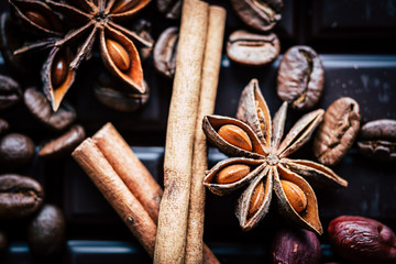 Cannelle en bâtons chocolat grains de café et anis étoilé