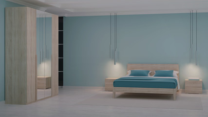 Fototapeta premium Modern bedroom interior with blue walls. Night. Evening lighting. 3D rendering.