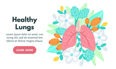 Vector healthy lungs on flowers. Background for label, advertisement of pulmonary medicine, landing or banner for pulmonology clinic, design for website or article about respiratory system health